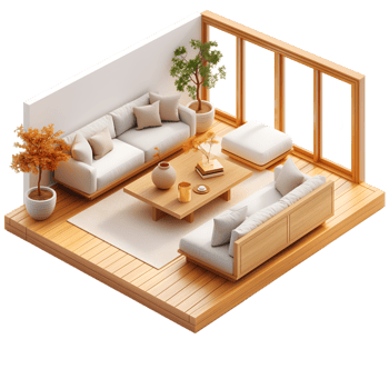 AI generated living room ,isometric on transparent background png
