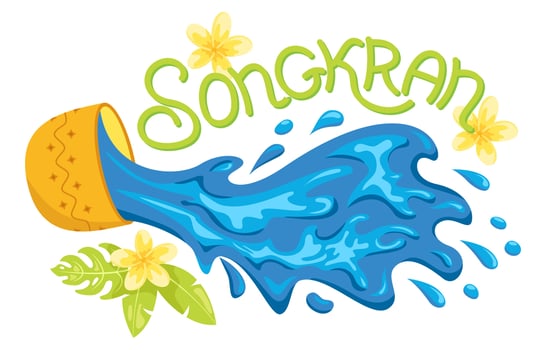 Songkran water festival. Blue water splashes out of a golden bowl with lettering design. Thailand New Year's day. Horizontal banner design for invitation, card, flyer, brochure, web for event vector