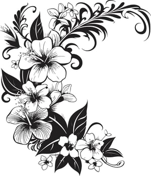 Botanic Bliss Monochrome Logo Design with Decorative Corners Intricate Petals Sleek Emblem Featuring Decorative Floral Design in Black vector