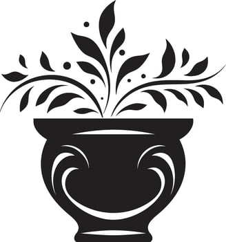 Botanic Beauty Elegant Black Vector Icon with Chic Plant Pot Floral Fusion Sleek Black Logo Featuring Decorative Plant Pot