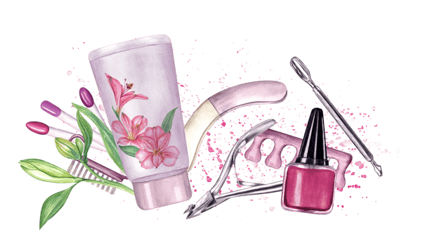 Manicure tools, flowers. Nail file, cream, nail buffer, toe separator. Metallic cuticle pusher, cuticle trimmer. Nail polish, color palette. Watercolor illustration. Beauty and cosmetics, manicure. png