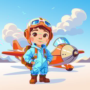 Cartoon kid pilot and toy airplane vector