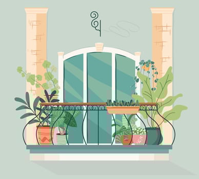 Modern balcony with green plants in pots. Cozy balcony garden with greenery Vector design of house and apartment building facade architecture element. Balcony retreat. Urban house jungle on veranda.