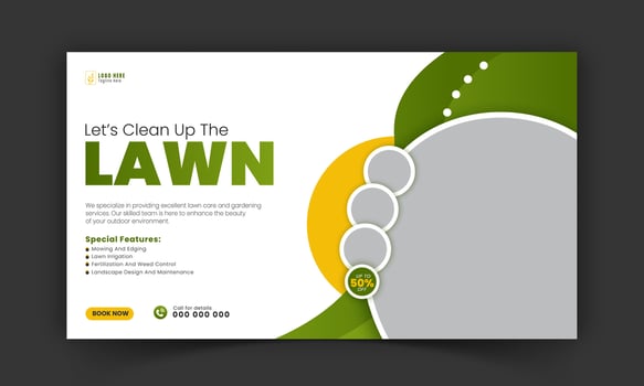 Corporate lawn care and gardening or landscaping services live stream video thumbnail design, lawn mower, gardening, promotion, social media post, cover template, abstract green, yellow color shapes vector