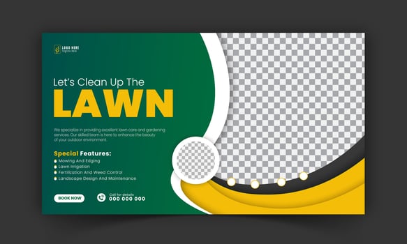 Corporate lawn care and gardening or landscaping services live stream video thumbnail design, lawn mower, gardening, promotion, social media post, cover template, abstract green, yellow color shapes vector