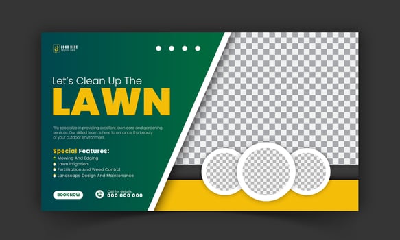 Corporate lawn care and gardening or landscaping services live stream video thumbnail design, lawn mower, gardening, promotion, social media post, cover template, abstract green, yellow color shapes vector