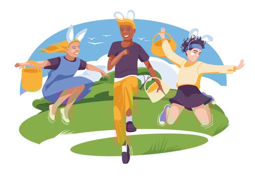 Cheerful Easter children with baskets run and jump on a green lawn. Holiday card. Vector flat illustration