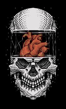 Illustration skull head with heart engraving style on black background vector