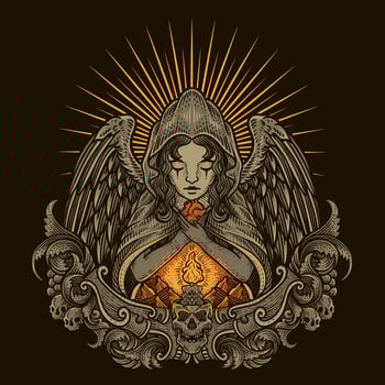 Illustration angel holding heart with vintage engraving ornament vector