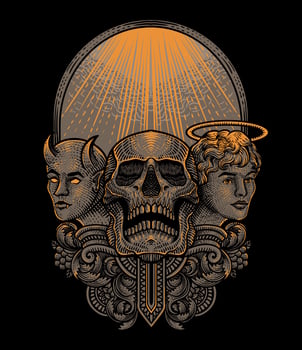 Illustration of skull head with demon and angel engraving ornament style vector