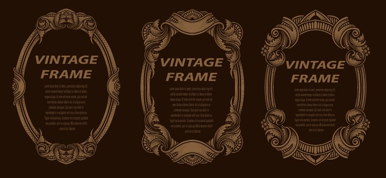 Set antique engraving frame border label, vintage hand drawn, vector illustration