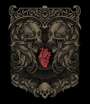 Illustration two skull engraving ornament hair with heart. engraving ornament frame. vector hand drawn.