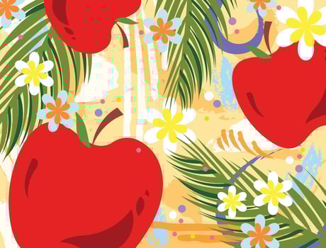 Summer fresh red apples, flowers, and palm leaves abstract vector illustration isolated on horizontal yellow background. Colorful social media post, poster, brochure, or card prints design.