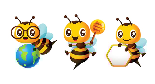 Cute honey bee cartoon mascot set with holding blank signboard, honey dripper and globe illustration vector