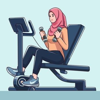flat design illustration of a woman wearing a hijab exercising in the gym using modern equipment vector