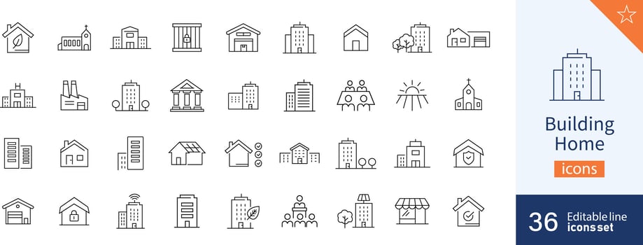 Building icons Pixel perfect. Home, tower, garage, .... vector