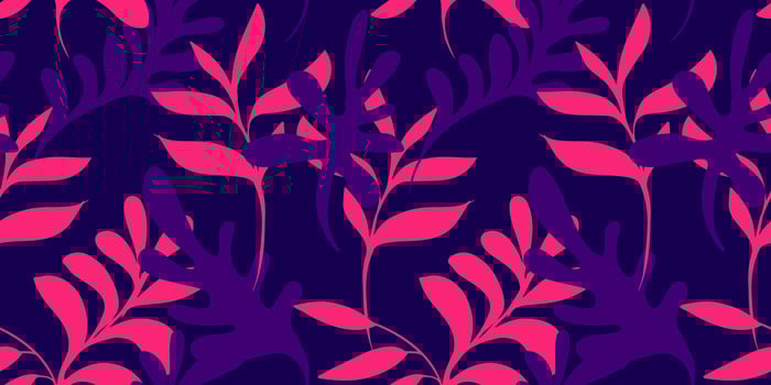 hand drawn abstract shapes bold branches leaves seamless pattern on a violet background. Colorful simple botanical motif printing. Template for designs, fashion, textiles, fabric, wallpaper vector