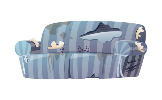 Broken, torn and dirty home blue striped sofa. Damaged furniture for the interior of the living room. Vector isolated cartoon illustration.