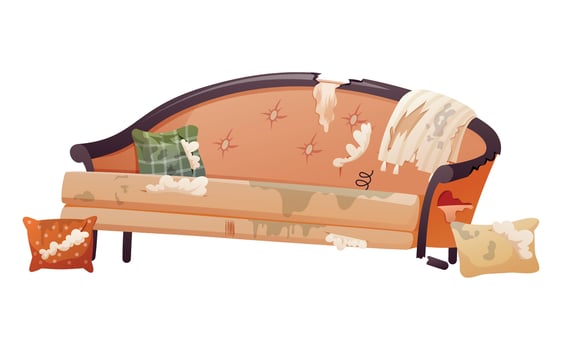 Broken, torn and dirty home sofa. Damaged furniture for the interior of the living room. Vector isolated cartoon illustration.