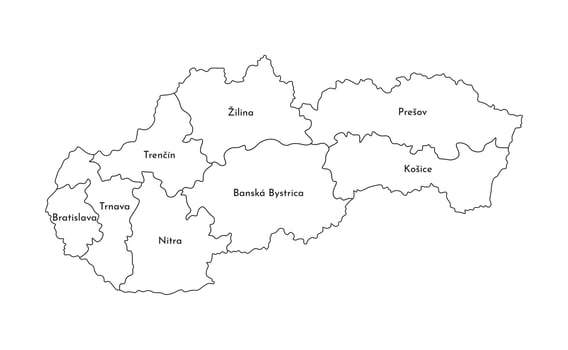 isolated illustration of simplified administrative map of Slovakia. Borders and names of the regions. Black line silhouettes. vector