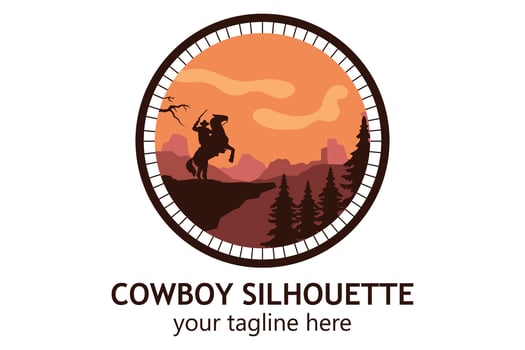 logo landscape silhouette of cowboy riding at horse  template simple concept vintage design vector
