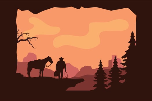 landscape silhouette of cowboy riding at horse background template simple concept vintage design vector