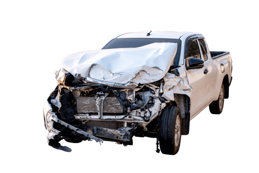 Car crash, Front and Side view of white pickup car get hard damaged by accident on the road. damaged cars after collision. isolated on transparent background. PNG File