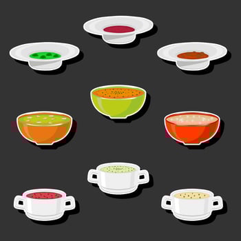 Illustration on theme big set various types beautiful tasty edible hot homemade soups vector