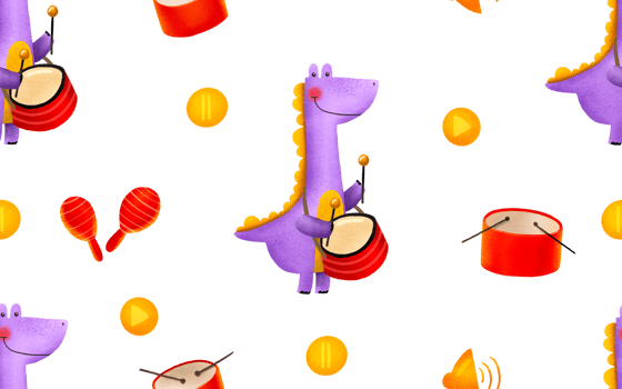 Seamless pattern with dinosaur musicians. Purple cartoon dinosaur plays the drums. Bright kids background. Endless hand drawn background illustration. Ideal for textile print design png