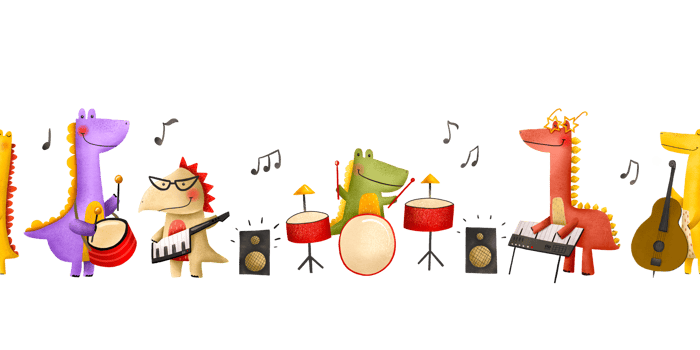 Seamless borden pattern with musicians. Rock star dinosaurs perform in an orchestra. Musical concert. Endless hand drawn background illustration. Ideal for textile print design png