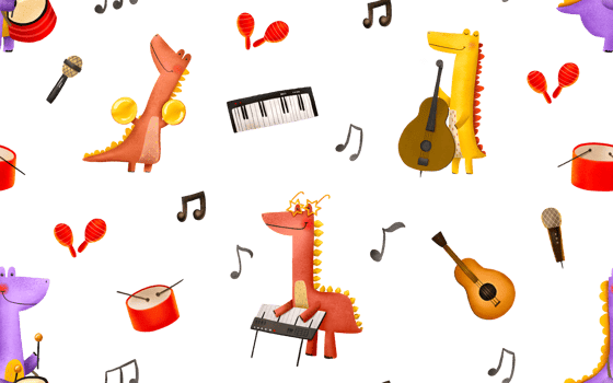 Seamless pattern with dinosaur musicians. Rock star dinosaurs perform in an orchestra. Musical group. Kids illustration. Endless hand drawn background illustration. Ideal for textile print design png