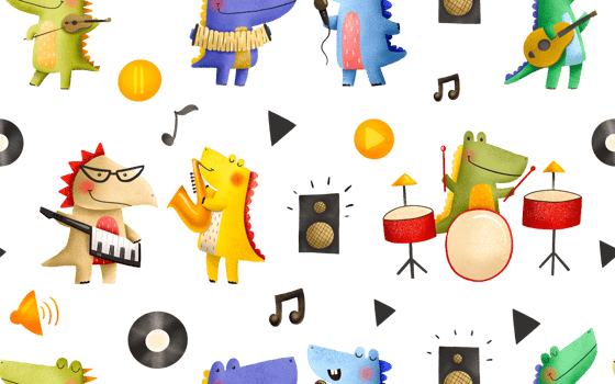Seamless pattern with dinosaur musicians. Rock star dinosaurs perform in an orchestra. Musical concert. Kids illustration. Endless hand drawn background illustration. Ideal for textile print design png