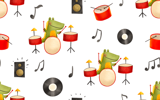 Seamless pattern with dinosaur musician. Cartoon dinosaur drummer plays the drum. Rock star. Endless hand drawn background illustration. Ideal for textile print design of nursery and room png