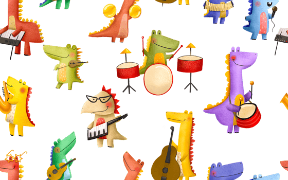 Seamless pattern with cartoon dinosaurs musicians. Rock stars play musical instruments. Concert of a music group. Funny hand-drawn orchestra artists. Endless hand drawn background. png