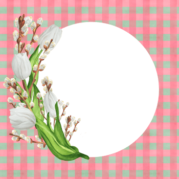 Hand-drawn watercolor illustration. Checkered seamless pattern and floral bouquet with white tulips and willow branches. Square greeting card png