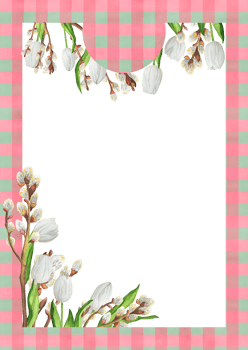 Hand-drawn watercolor illustration. Checkered seamless pattern and floral bouquet with white tulips and willow branches. Rectangular greeting card png