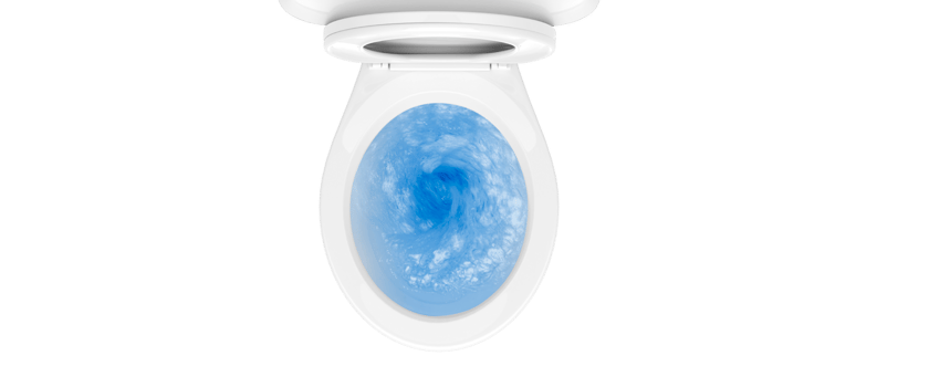 Top view of toilet bowl, blue detergent flushing in it, transparent background png