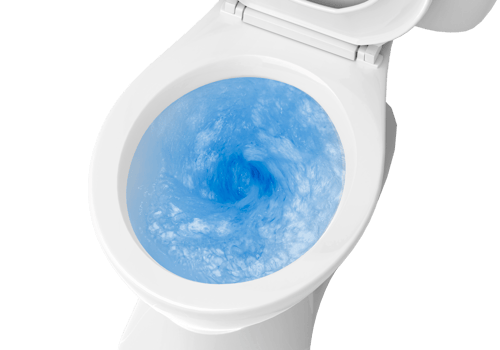 Top view of toilet bowl, blue detergent flushing in it, transparent background png