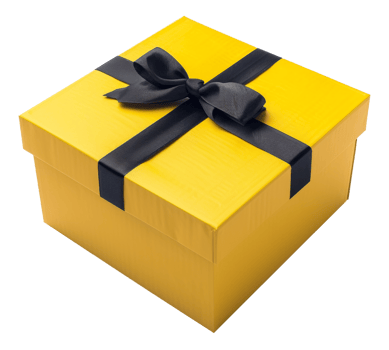 AI generated Yellow gift box with stylish black ribbon on transparent background - stock png. png