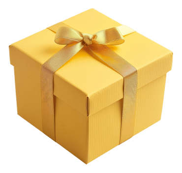 AI generated Yellow textured gift box with golden ribbon on transparent background - stock png. png