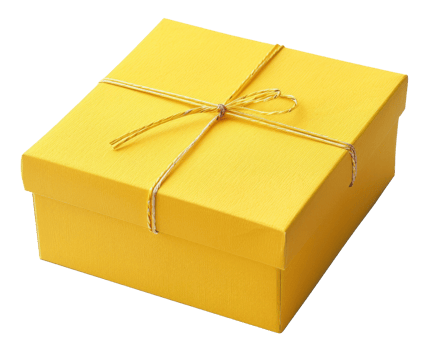 AI generated Bright yellow gift box with cross ribbon on transparent background - stock png. png