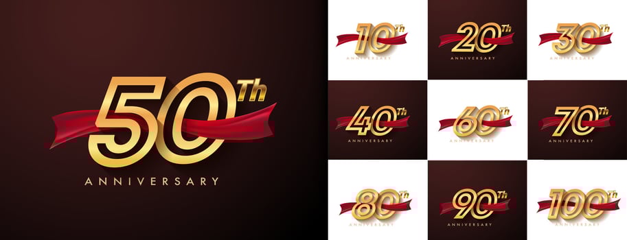 Set of anniversary logotype and red ribbon. Golden anniversary celebration emblem design for booklet, leaflet, magazine, brochure poster, web, invitation or greeting card. Vector illustration.