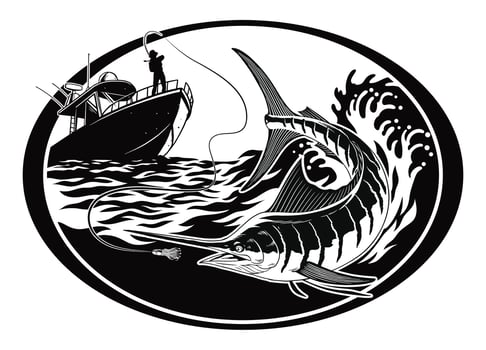 Fisherman Catching the Marlin Fish in Hand Drawn Illustration vector