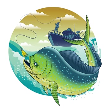 Fisherman Catching Dorado Fish in the Middle of the Sea vector