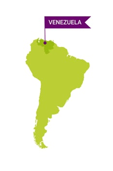 Venezuela on an South America s map with word Venezuela on a flag-shaped marker. Vector isolated on white background.