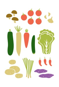 Vertical set of asian food. Vegetables, roots, mushrooms. Vector flat illustration isolated on a white background.