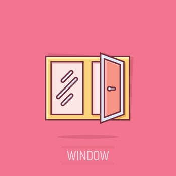 Window icon in comic style. Casement cartoon illustration on isolated background. House interior splash effect sign business concept. vector