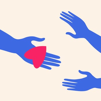Giving and receiving kindness, palm with heart and hands in need of help flat vector illustration. Concept of love, charity, philanthropy and donation. Hand drawn design card background cartoon style