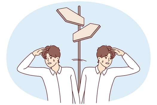 Men stand at crossroads and look at different sides need to make difficult decision. Vector image