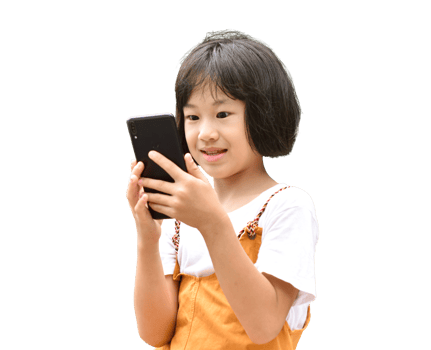 Happy child asian girl using mobile smartphone isolated on transparent background. File png